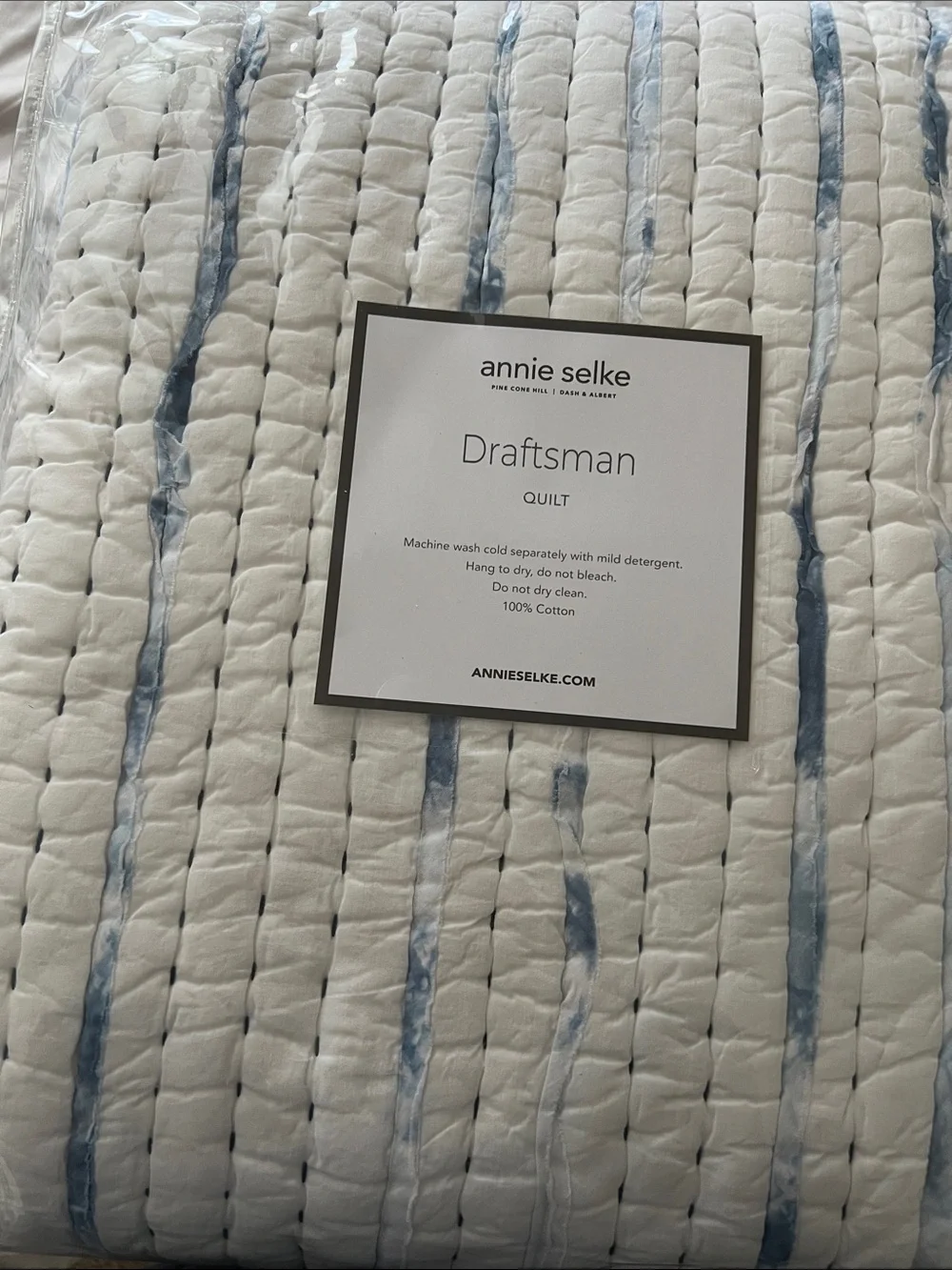Annie Selke Draftsman Quilt — White with Blue Stripe